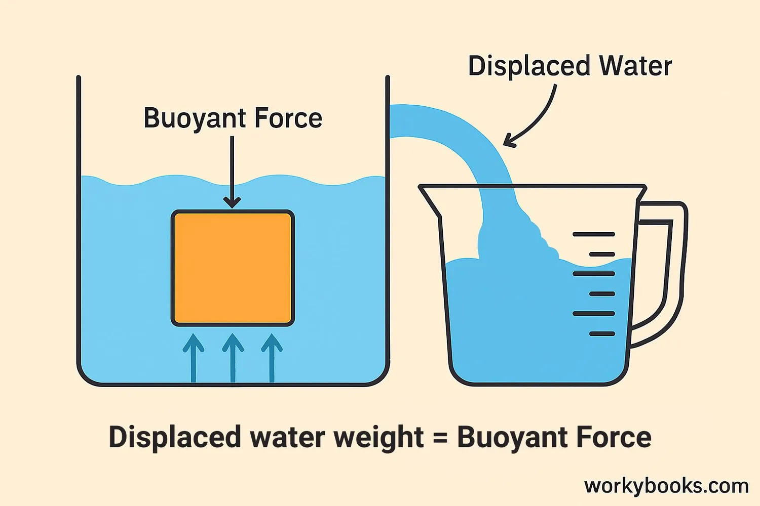 Diagram showing Archimedes' principle: An object submerged in water with displaced water overflowing from a container