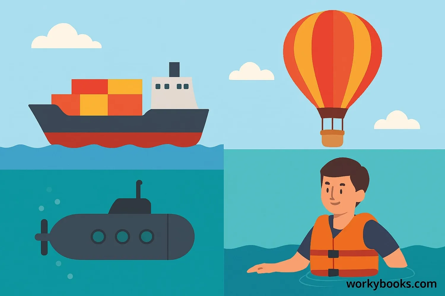 Illustration showing applications of buoyant force: Ships, submarines, hot air balloons, and life jackets