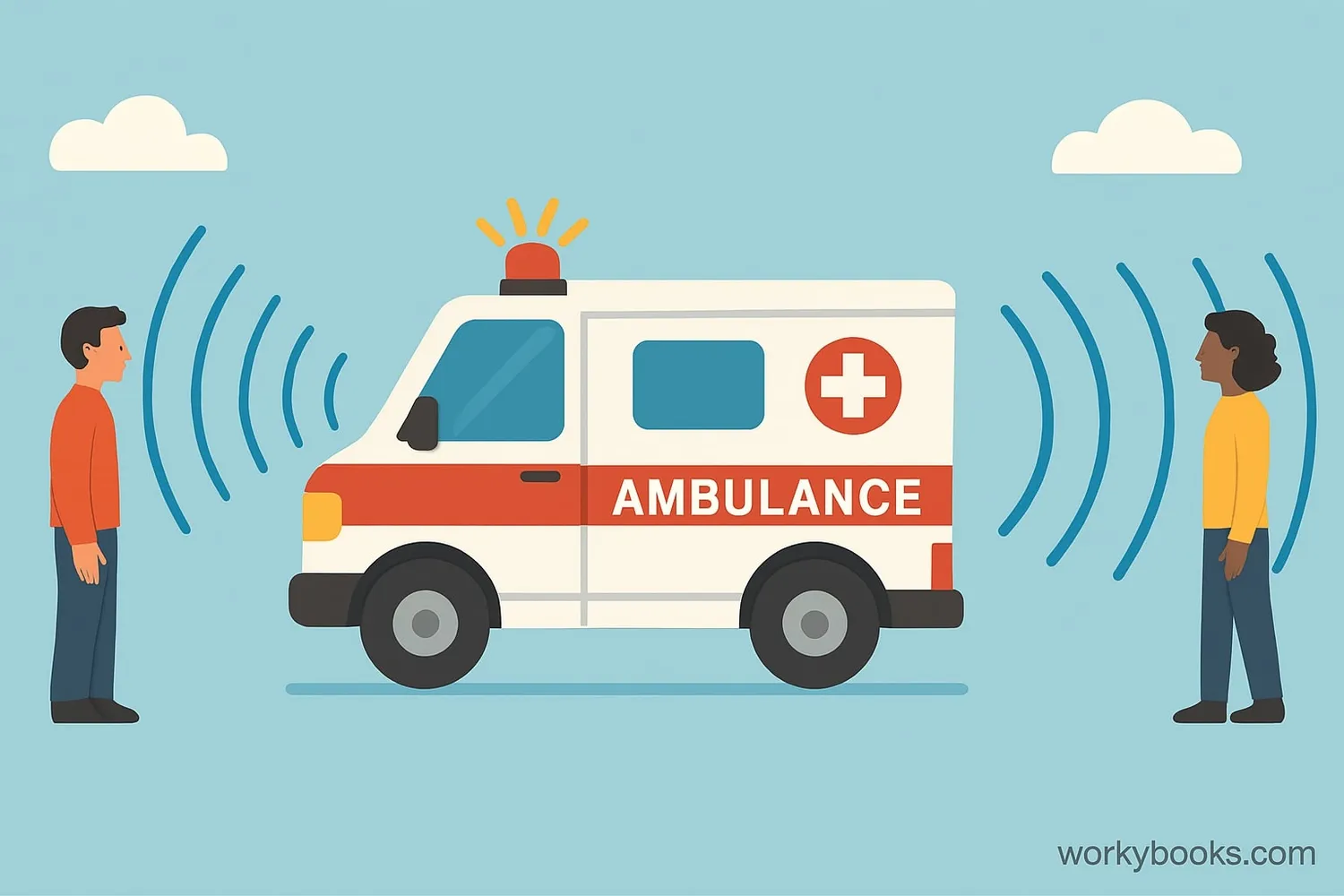 Visual representation of an ambulance with sound waves compressed in front and stretched behind