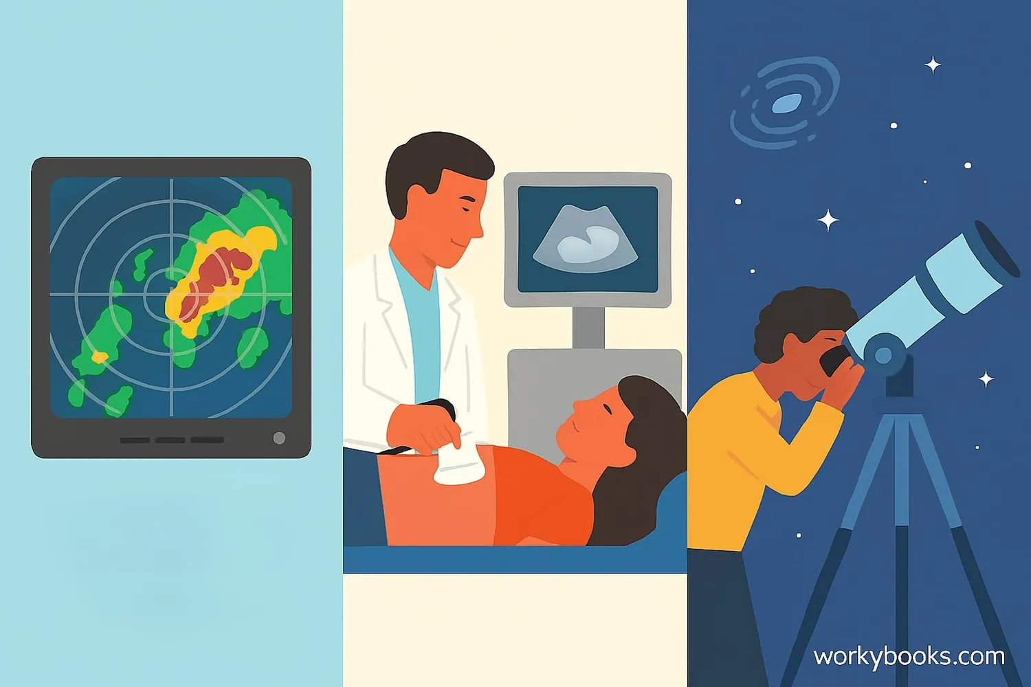 Collage showing Doppler radar, medical ultrasound, and astronomy telescope