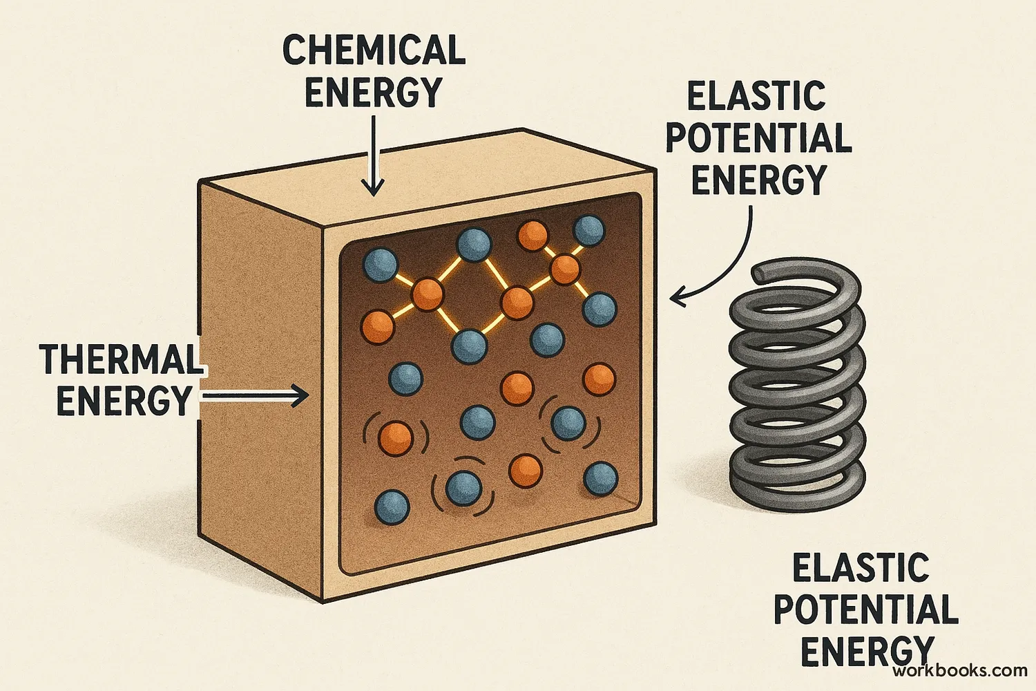 An illustration depicting a solid object storing various forms of energy. A cutaway view of the solid shows glowing lines representing chemical bonds, and vibrating particles indicating thermal energy. A compressed spring nearby represents elastic potential energy.