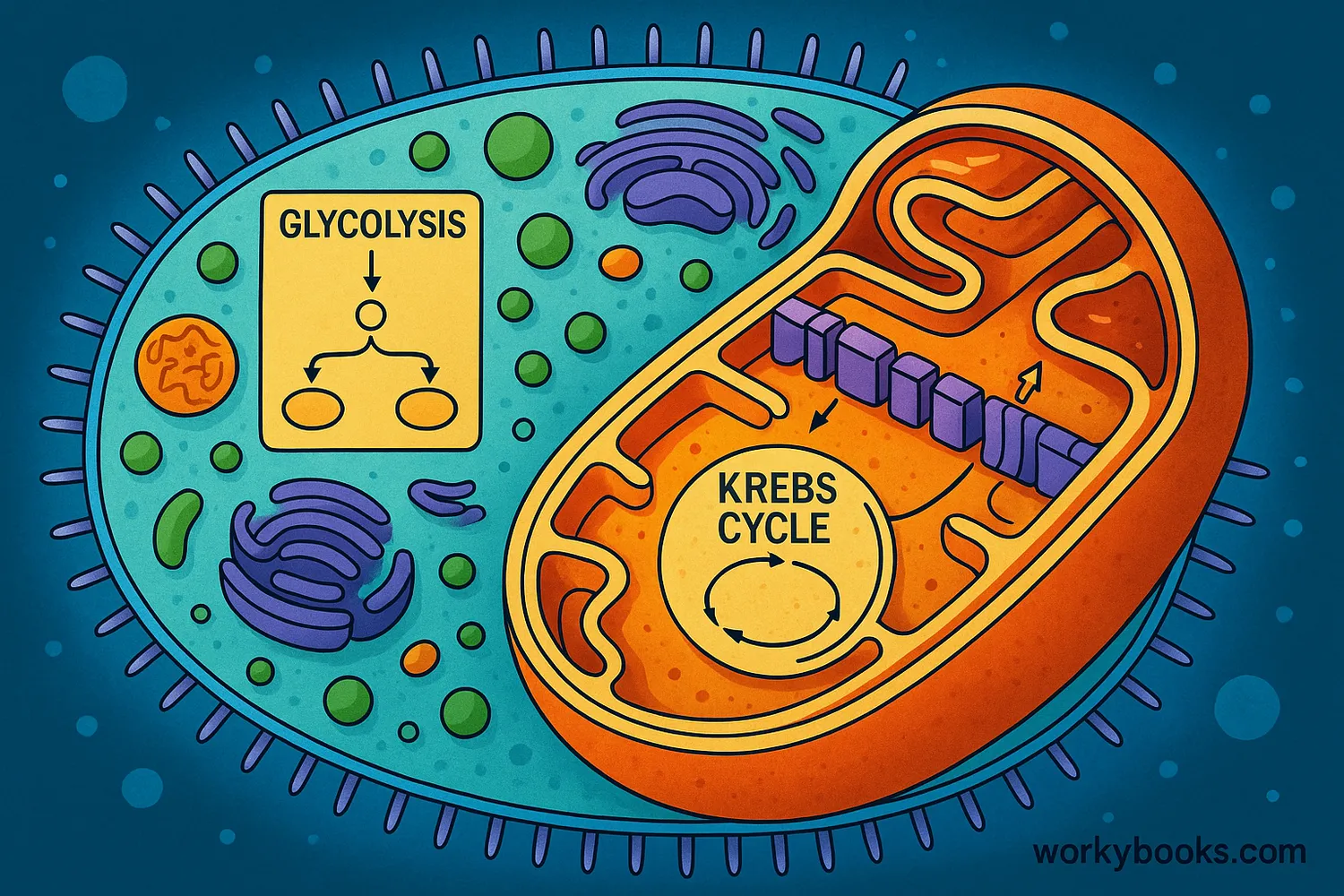 A scientific diagram of a eukaryotic cell, highlighting the cytoplasm and a mitochondrion. A simplified representation shows glycolysis taking place in the cytoplasm and the Krebs cycle and electron transport chain occurring within the mitochondrion, illustrating the locations of cellular respiration's key stages.