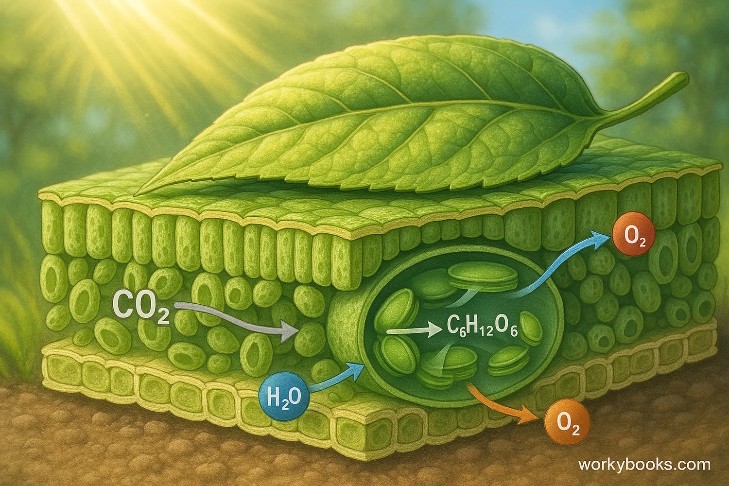 An illustration showing the process of photosynthesis within a plant leaf, highlighting sunlight, carbon dioxide, and water as reactants, and glucose and oxygen as products.