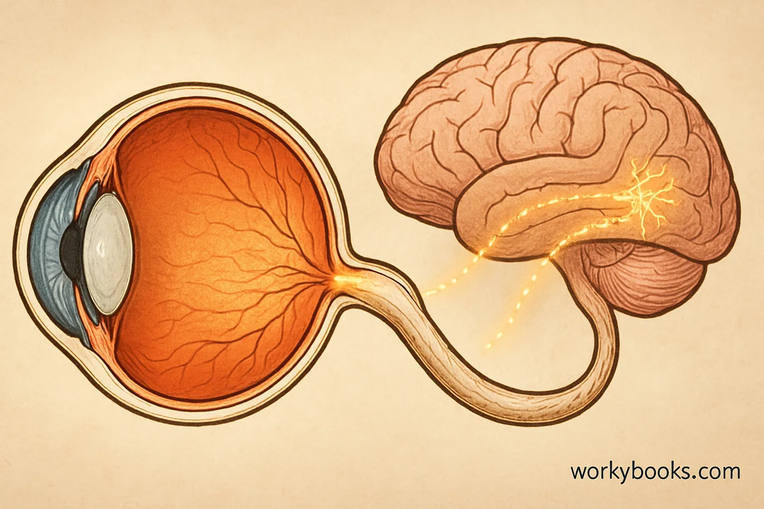 The human eye, with the retina sending signals along the optic nerve to the brain's visual cortex for processing.