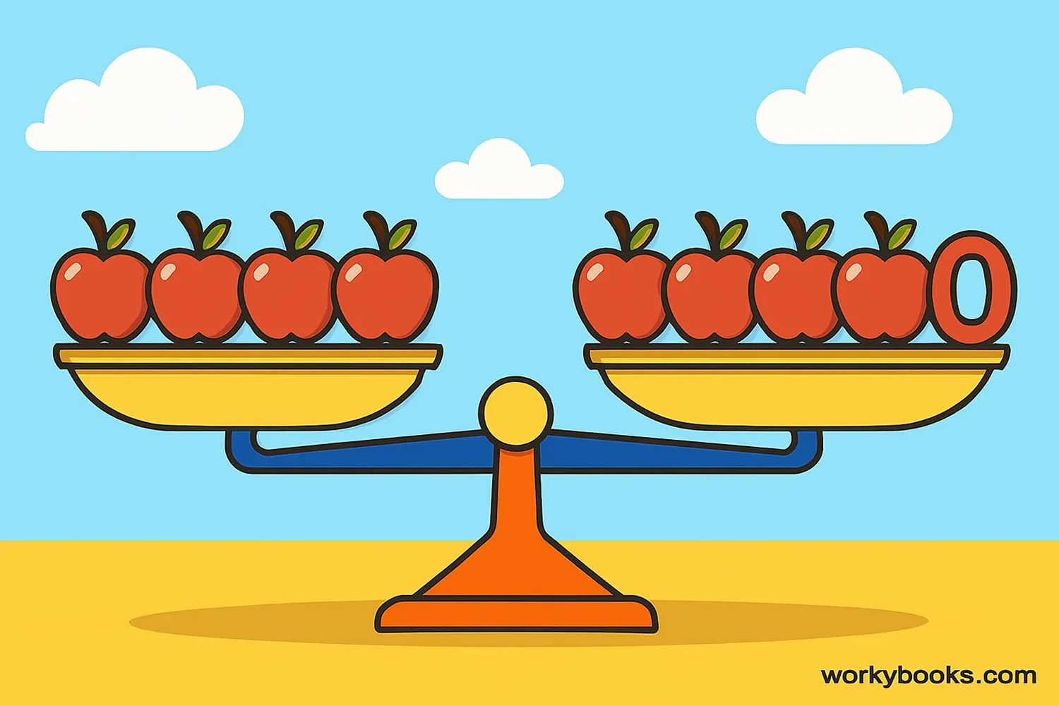 A cartoon scale showing 5 apples on one side and 5 apples plus zero on the other side, balanced equally