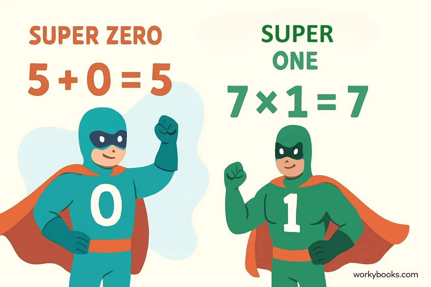 Illustration showing the number 0 as a superhero for addition and 1 as a superhero for multiplication