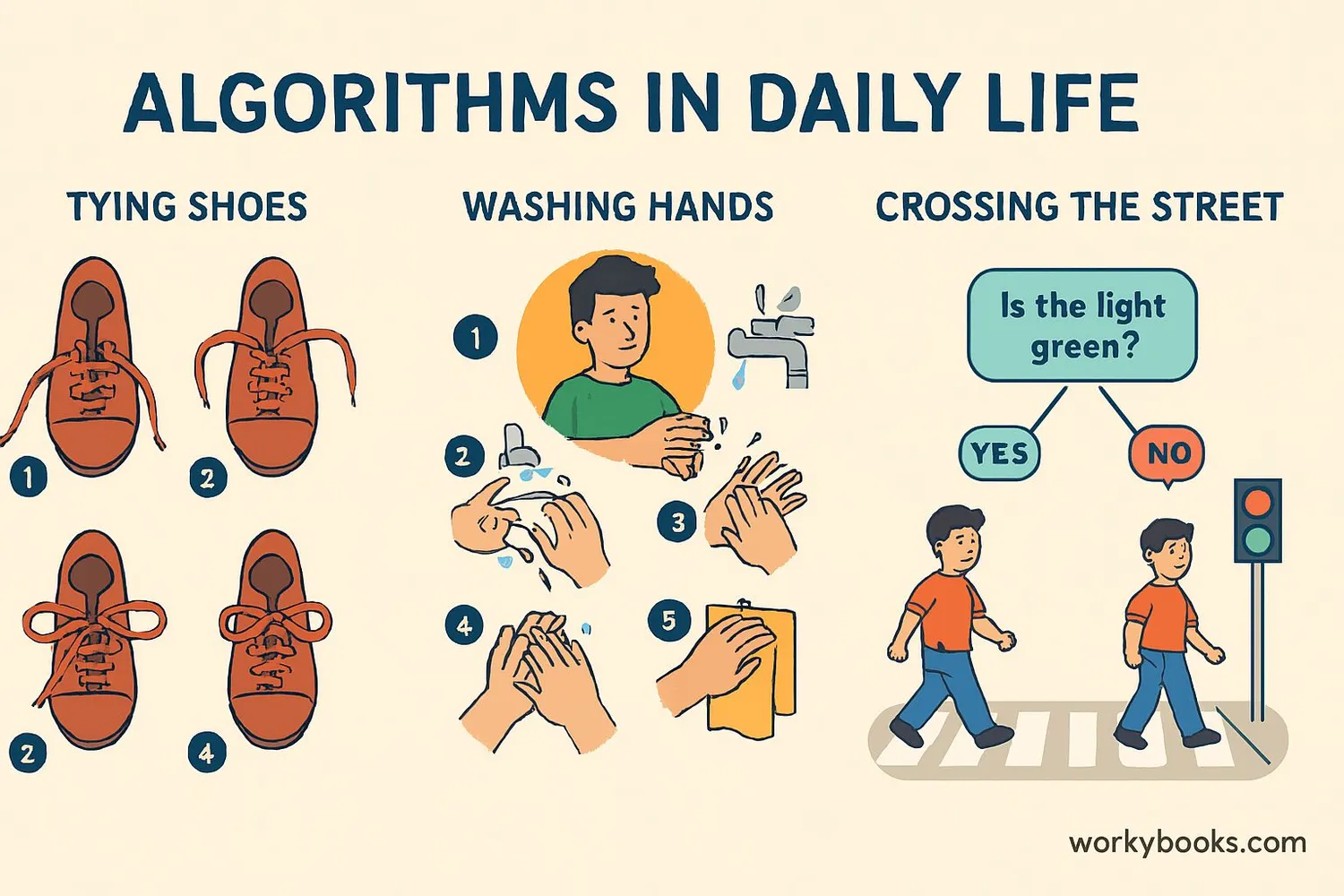 Examples of algorithms in daily life: tying shoes, washing hands, crossing the street