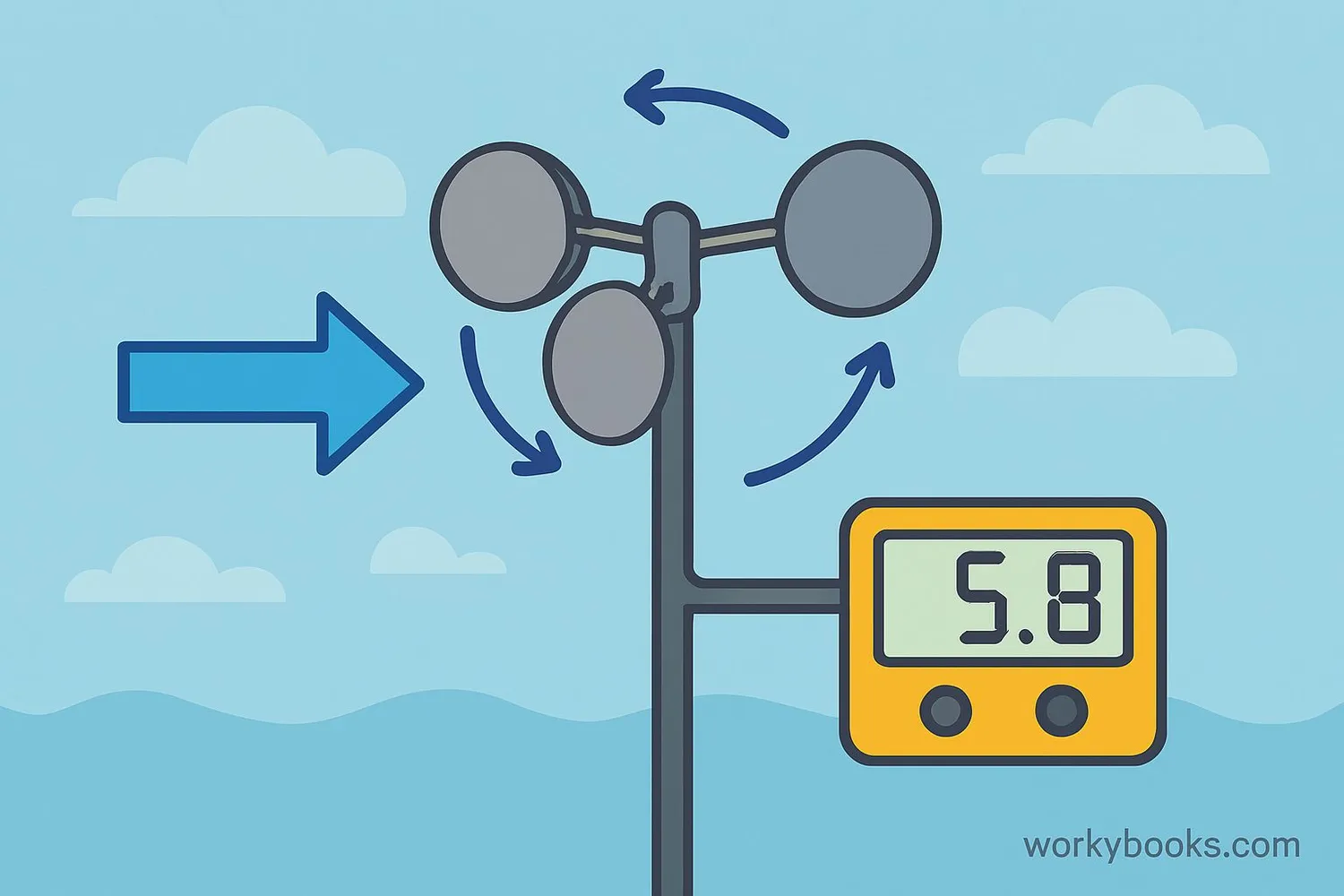 Diagram showing how a cup anemometer spins with wind