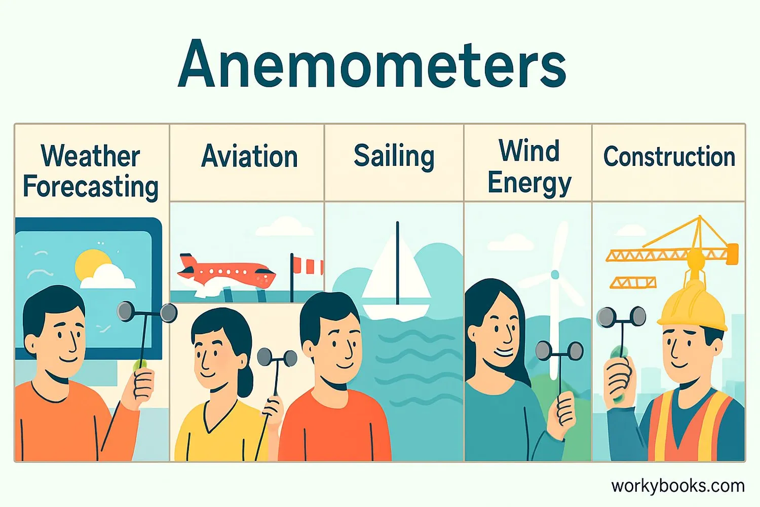 Illustration showing various uses of anemometers in different fields