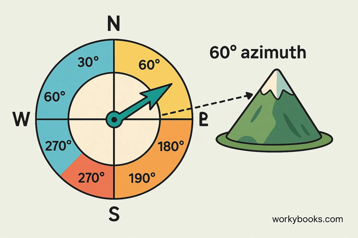 Diagram showing azimuth angle measurement from north to a point