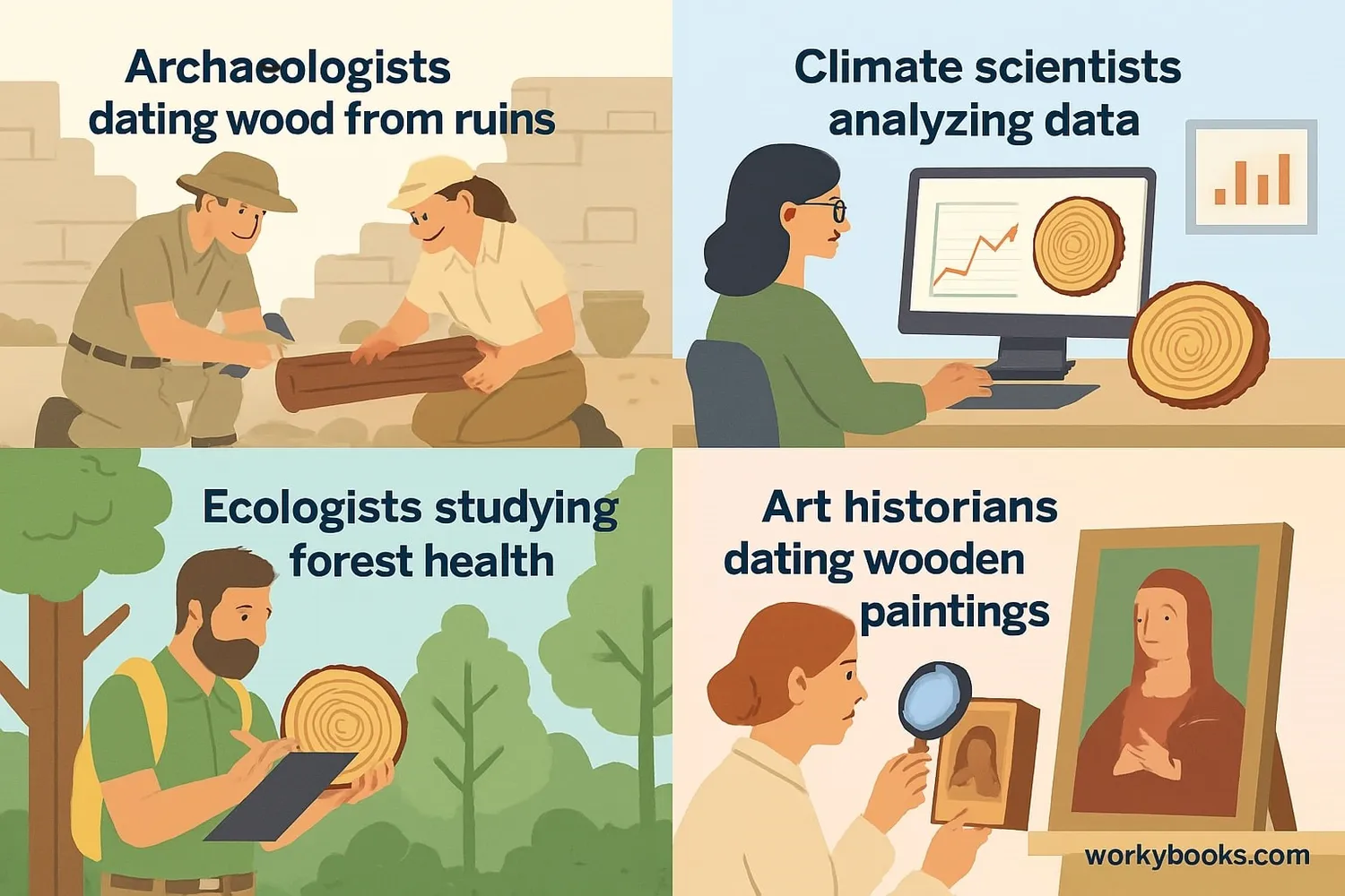 Illustration showing applications in archaeology, climate science, and ecology