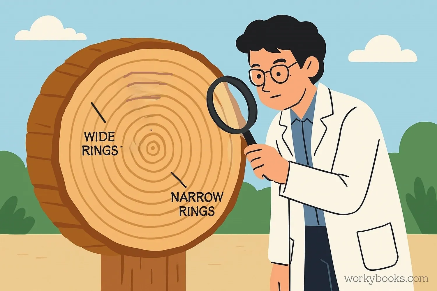 Illustration showing tree rings with a magnifying glass revealing details