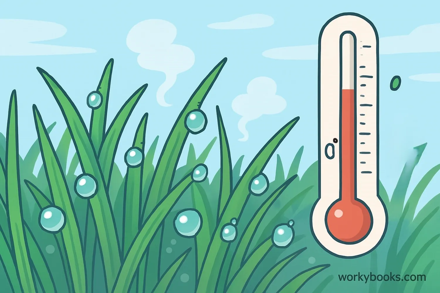 Illustration showing dew forming on grass blades