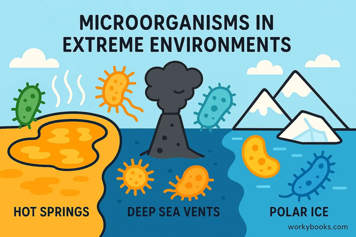 Visual representation of extremophiles in different extreme environments