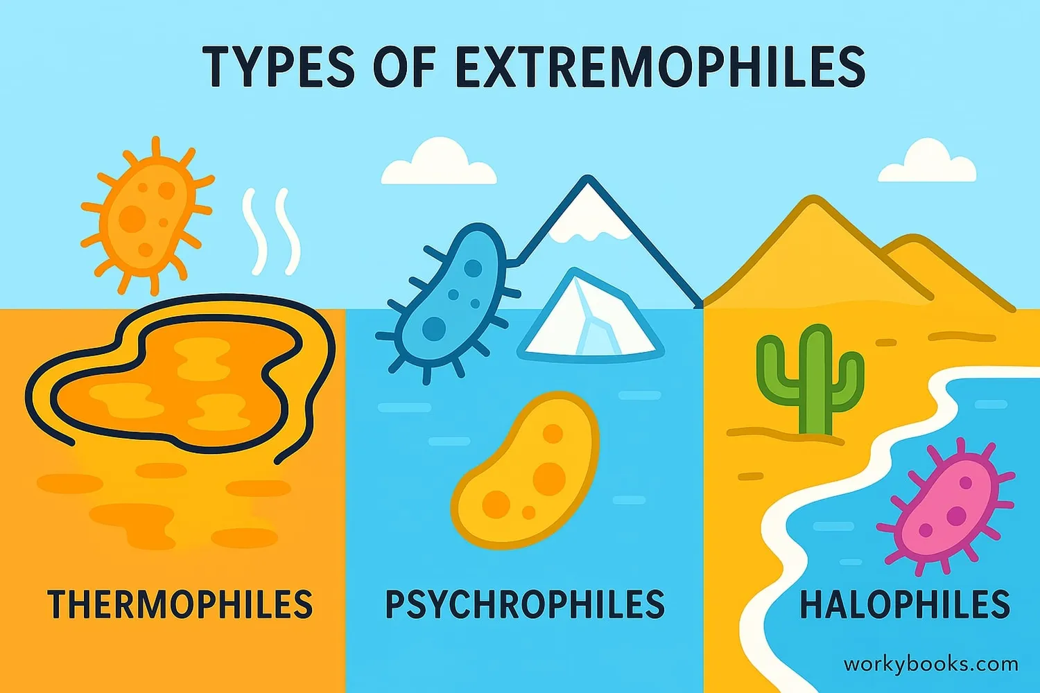 Diagram showing different types of extremophiles and their environments