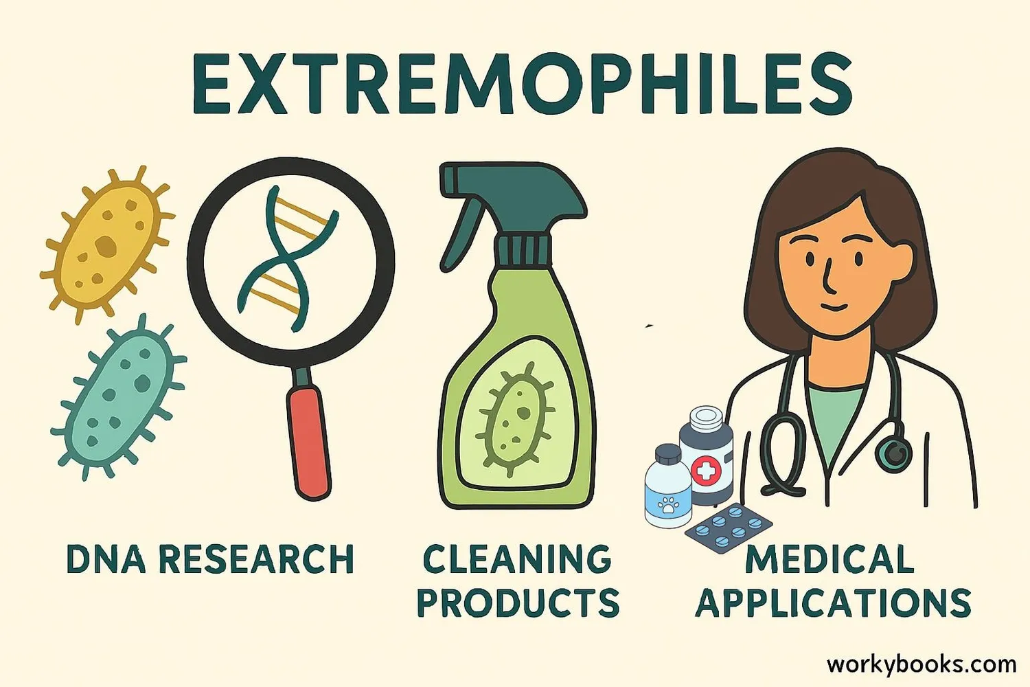 Illustration showing applications of extremophiles in science and industry
