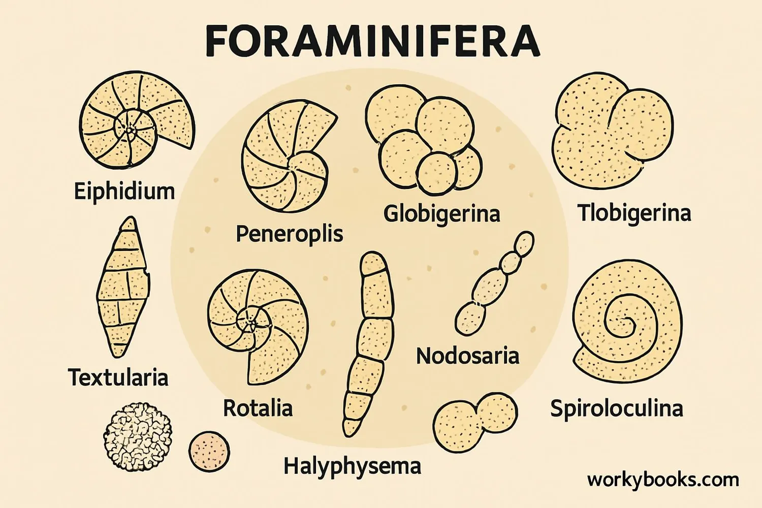 Microscopic view of different foraminifera species