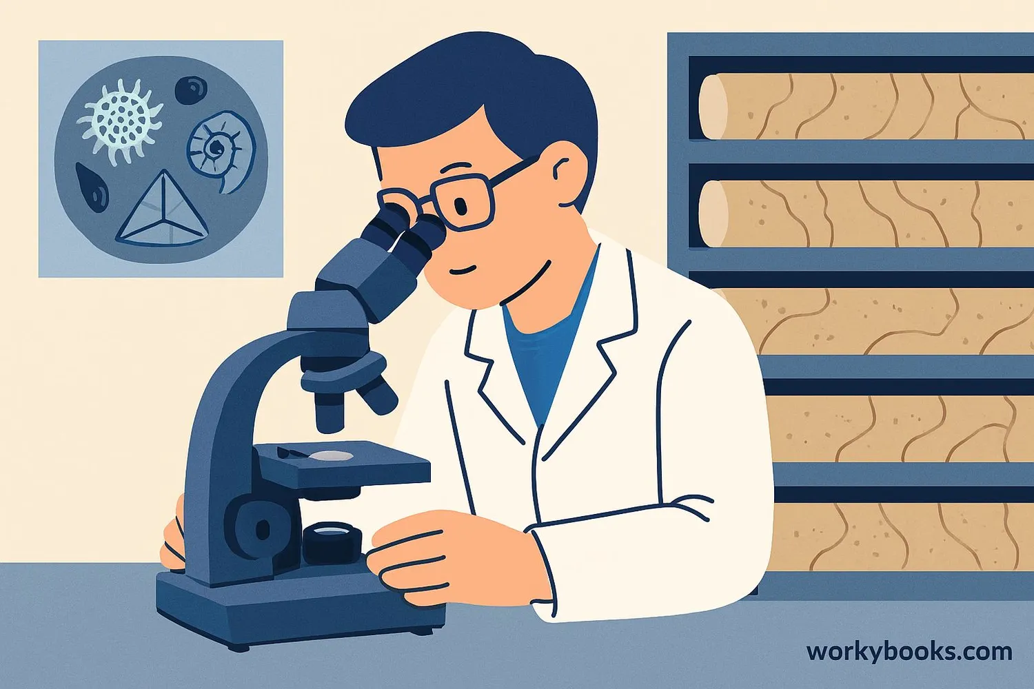 Scientist studying microfossils under a microscope
