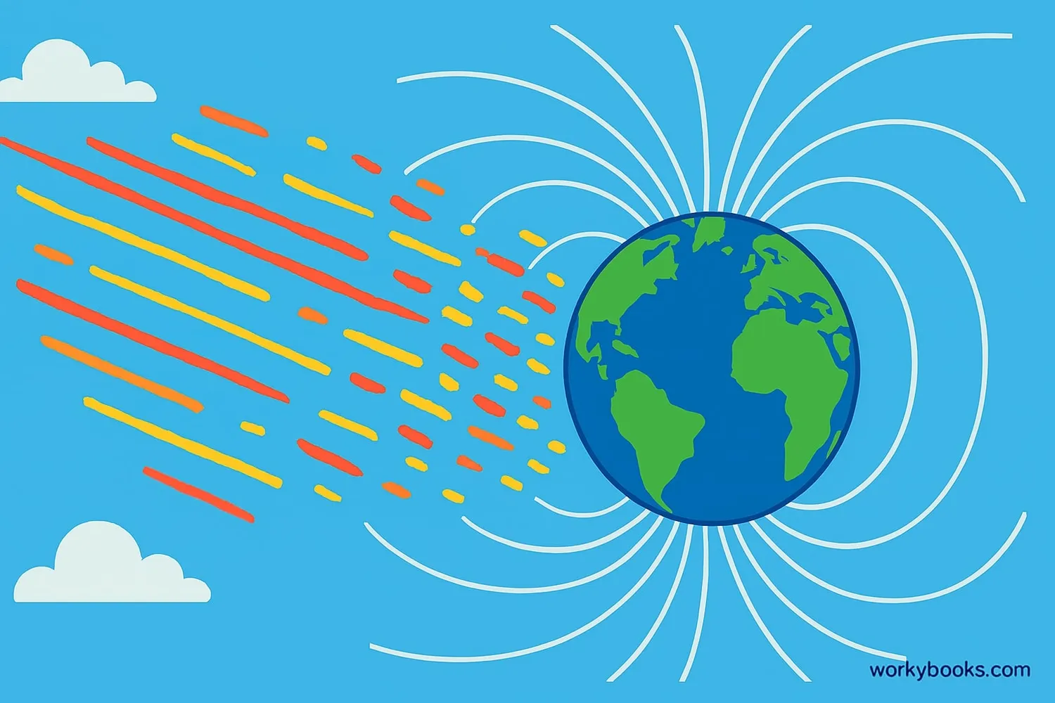Visual representation of Earth surrounded by magnetic field lines with solar particles approaching