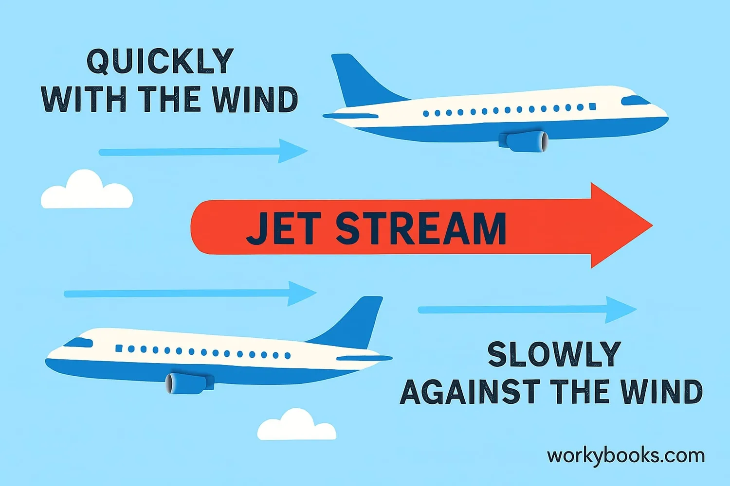 Airplane flying with and against jet stream winds