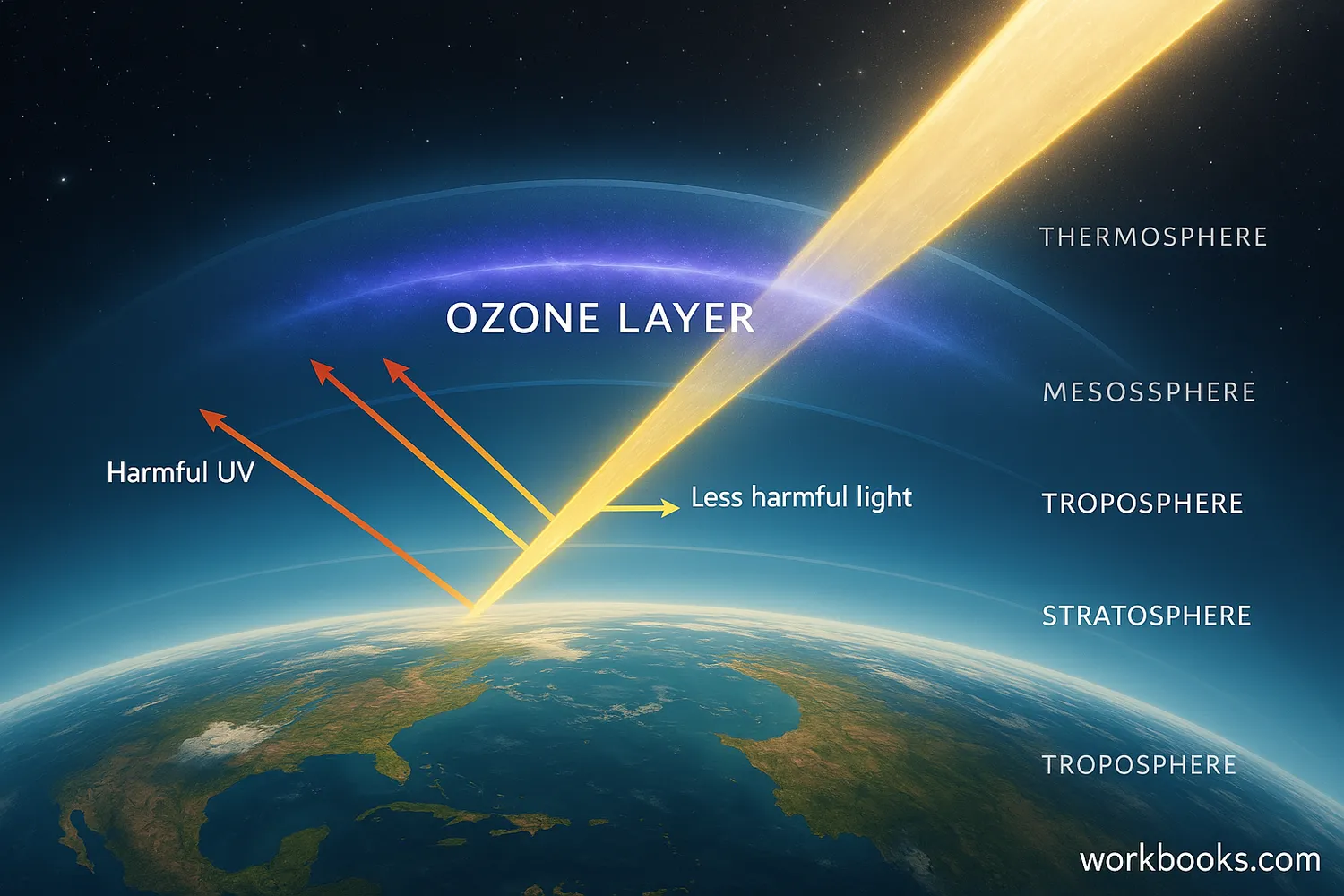 Earth's atmosphere, showing the ozone layer in the stratosphere absorbing harmful UV rays from the sun.