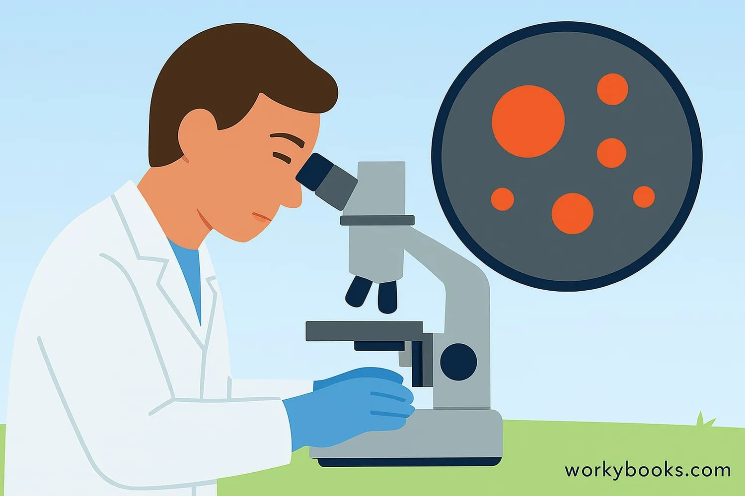 Illustration of a scientist using a powerful microscope to view nanomaterials