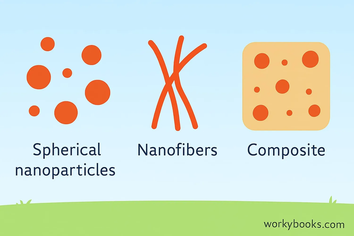 Visual showing three types of nanomaterials: nanoparticles, nanofibers, and nanocomposites
