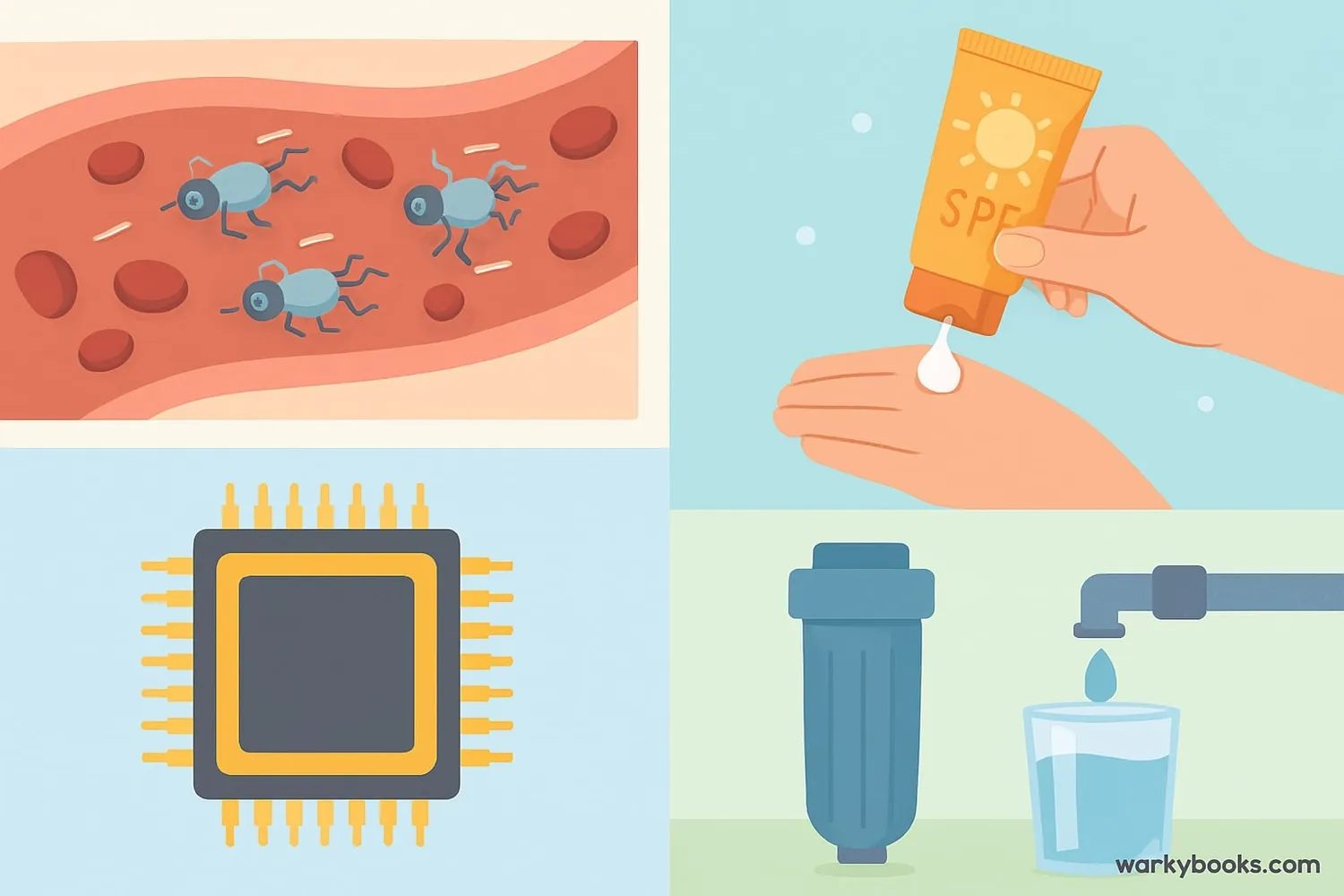 Collage showing different applications of nanomaterials in medicine, electronics, and environment