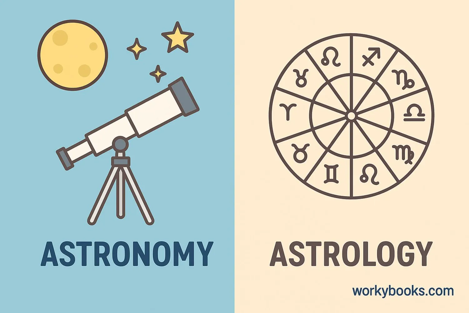 Split image showing a telescope for astronomy and a horoscope chart for astrology