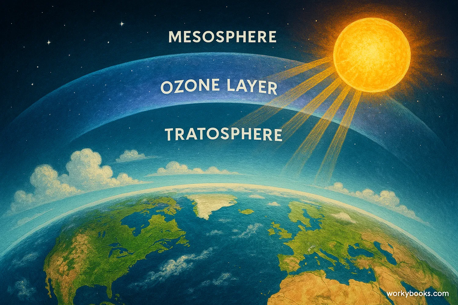 Earth's atmosphere showing the ozone layer in the stratosphere absorbing harmful ultraviolet radiation from the sun, with a healthy planet below.