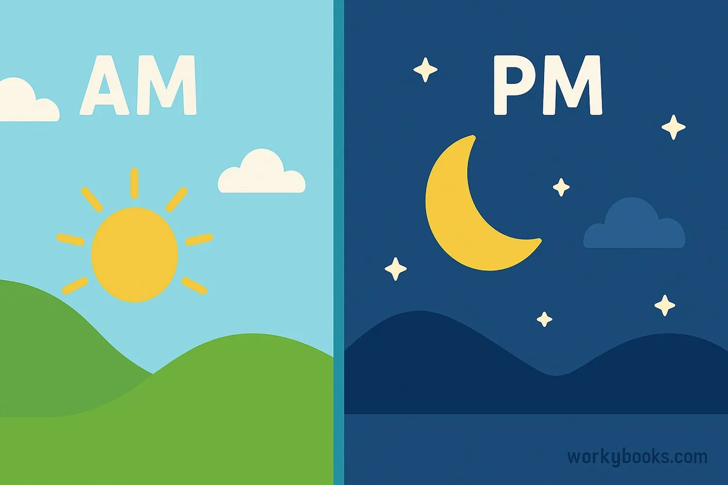 Visual showing the difference between day and night with AM and PM labels