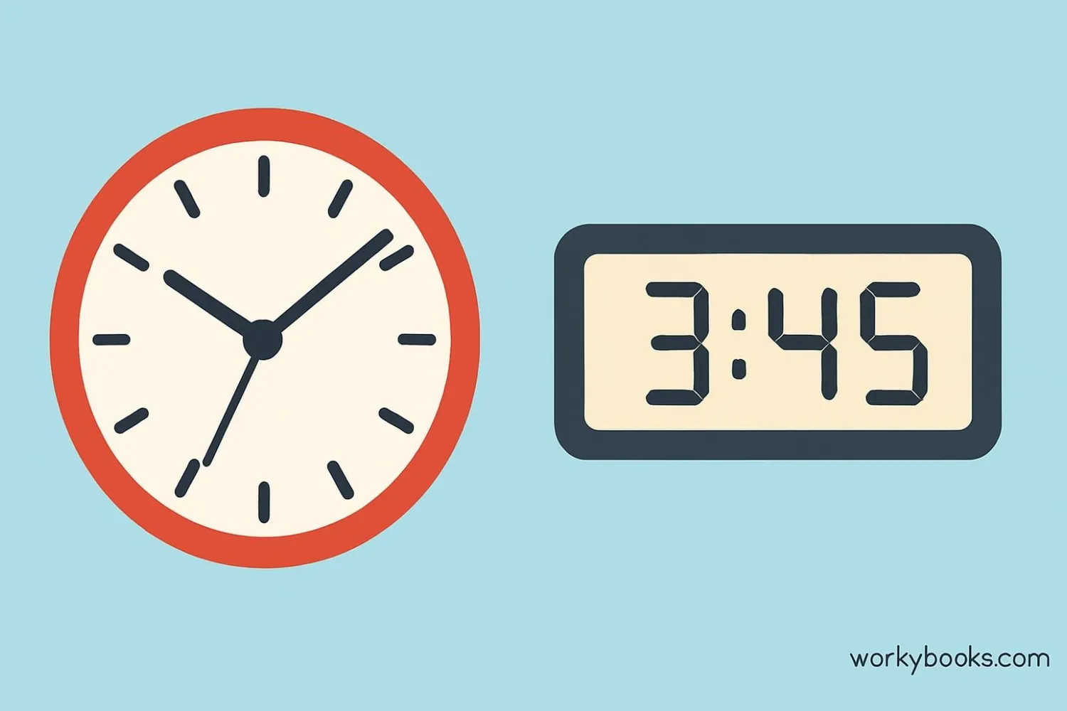 Comparison of analog and digital clocks showing the same time