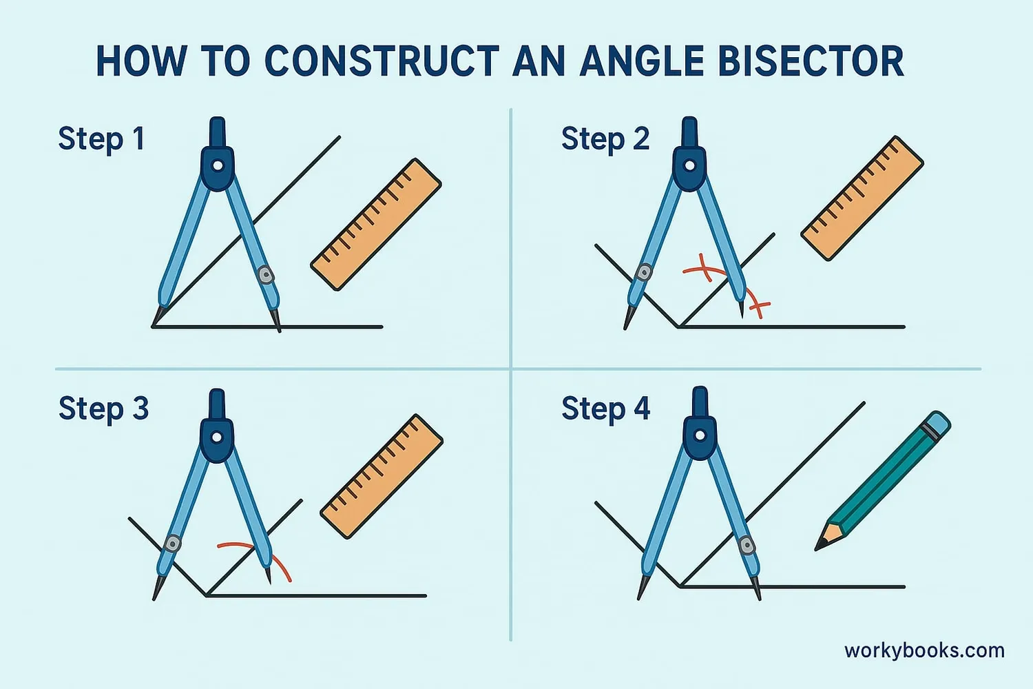 Step-by-step visual guide to constructing an angle bisector with compass and ruler