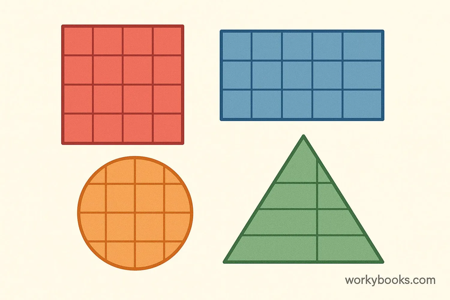 Colorful shapes with grid lines inside showing how area measures the space within the boundaries