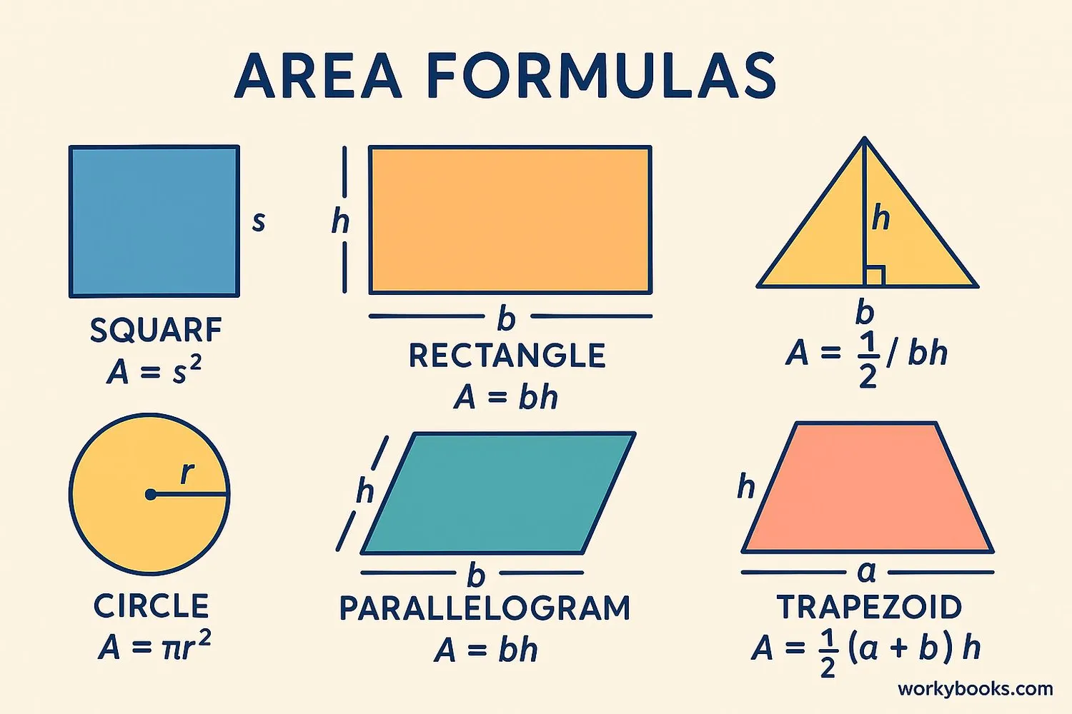 Infographic showing area formulas for various shapes with visual examples