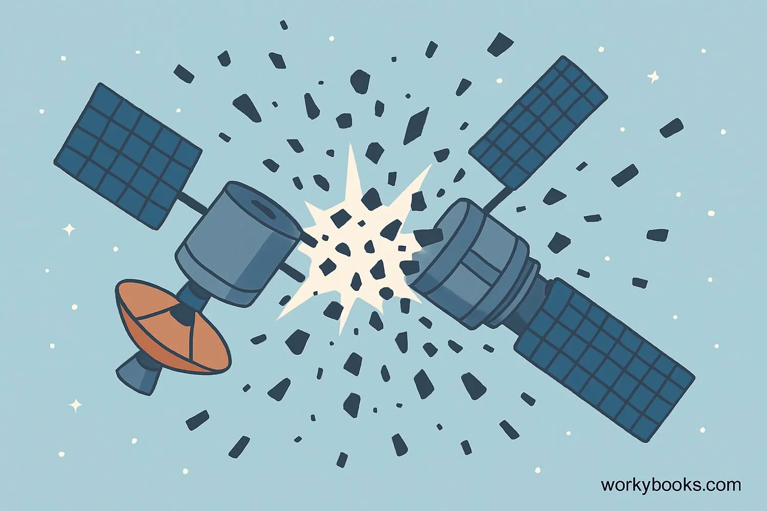 Illustration of satellites colliding and creating debris