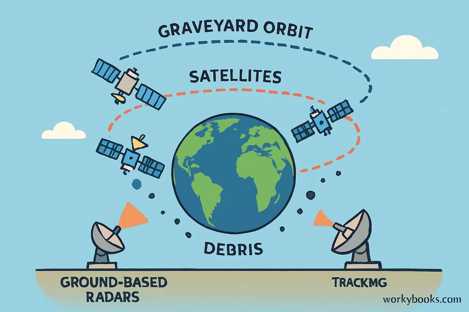 Diagram showing satellite graveyard orbit and debris tracking