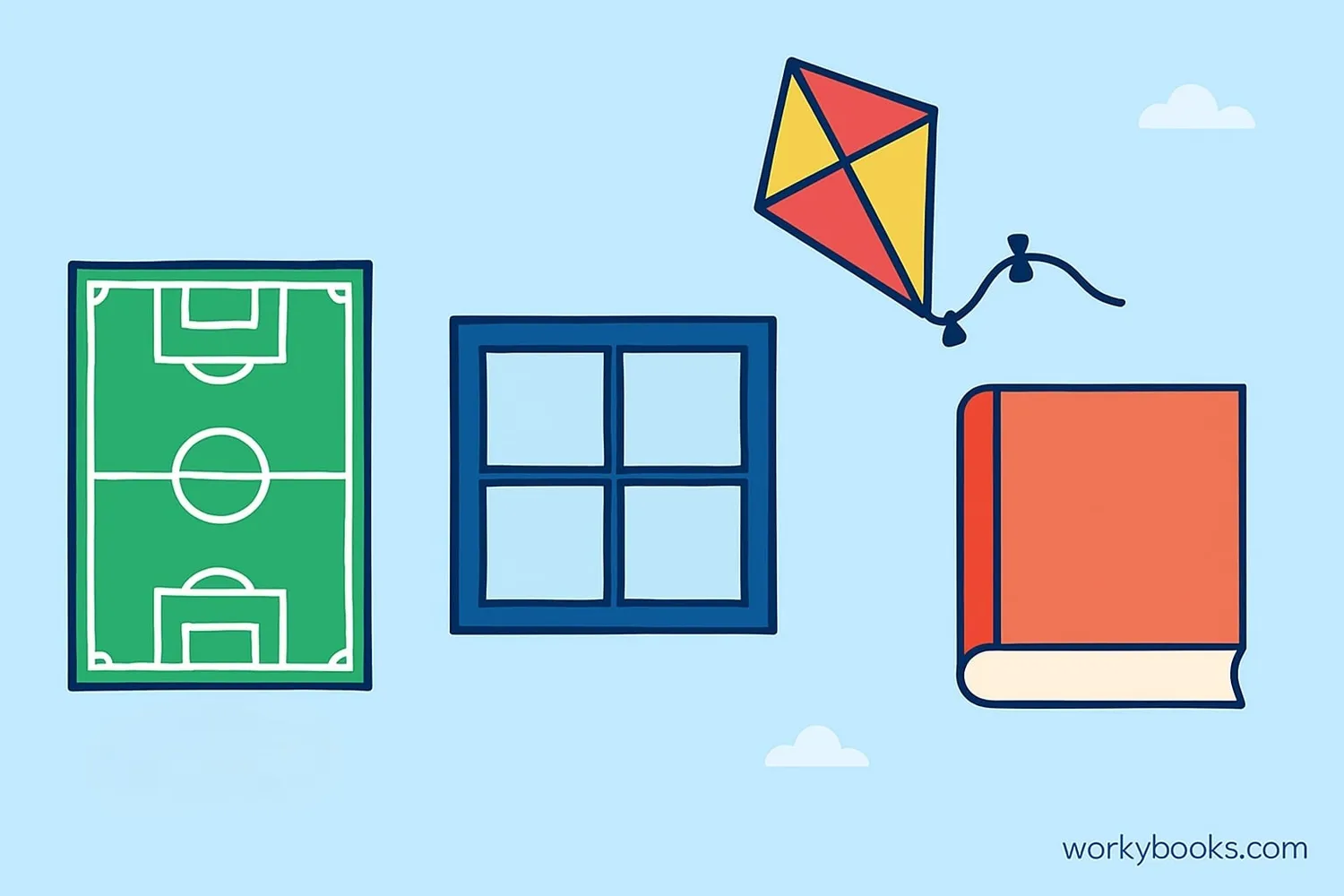 Everyday objects that are quadrilaterals: soccer field, book, window, kite