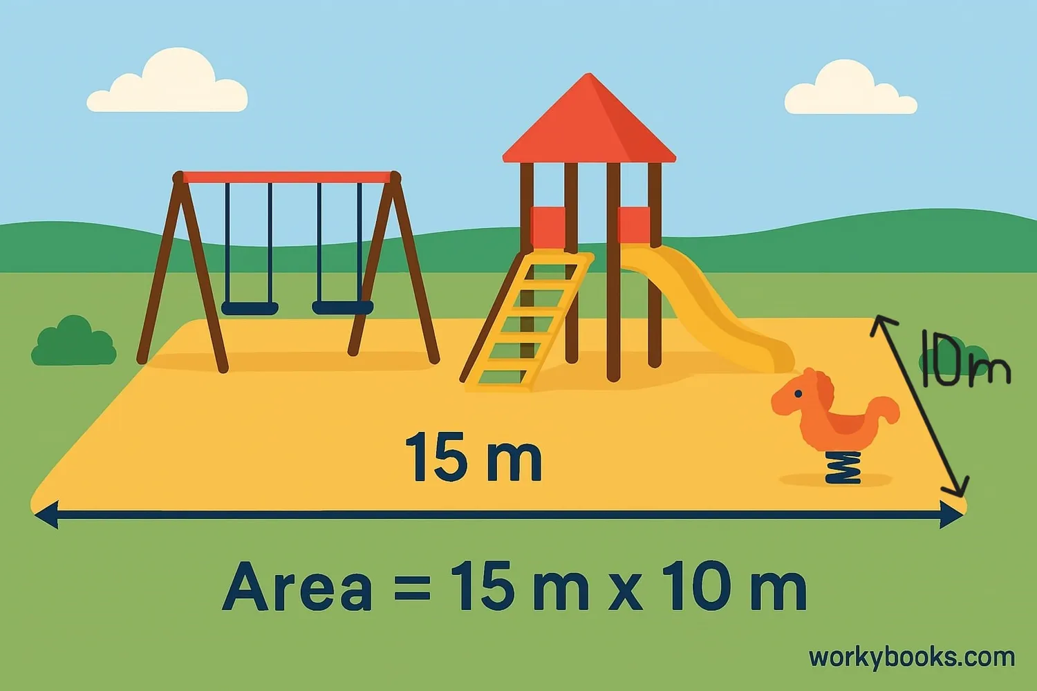 A playground area with dimensions marked, showing how to calculate its area