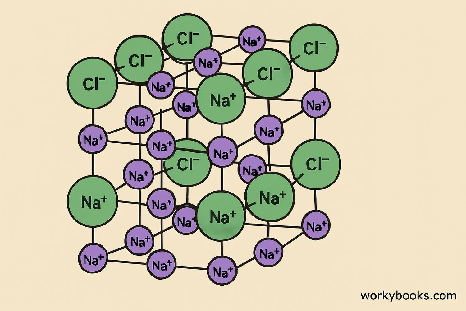 Crystal lattice structure of sodium chloride showing alternating sodium cations and chloride anions