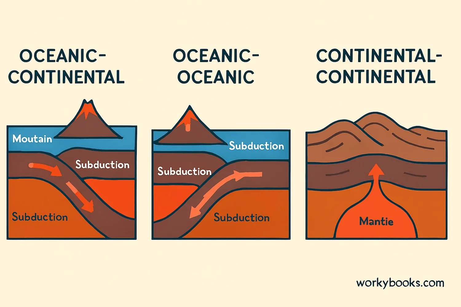 Three-panel diagram showing different types of convergent boundaries
