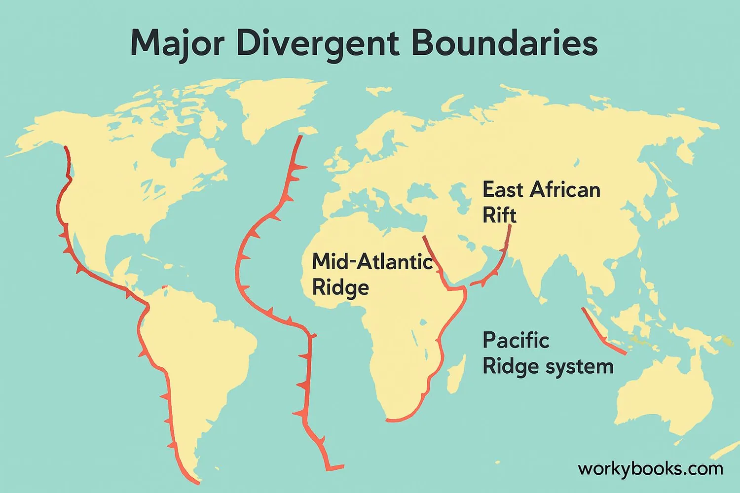 World map showing locations of major divergent boundaries