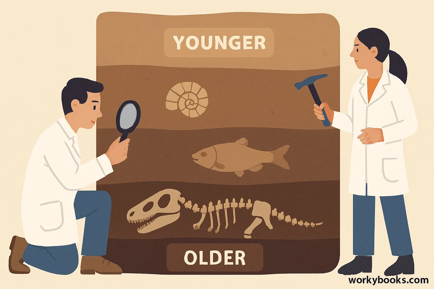 Illustration showing geologists studying rock layers and fossils