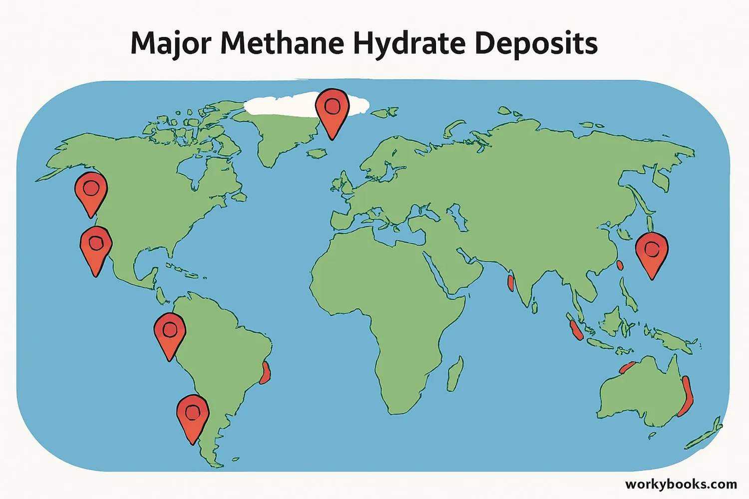 World map showing locations of major methane hydrate deposits