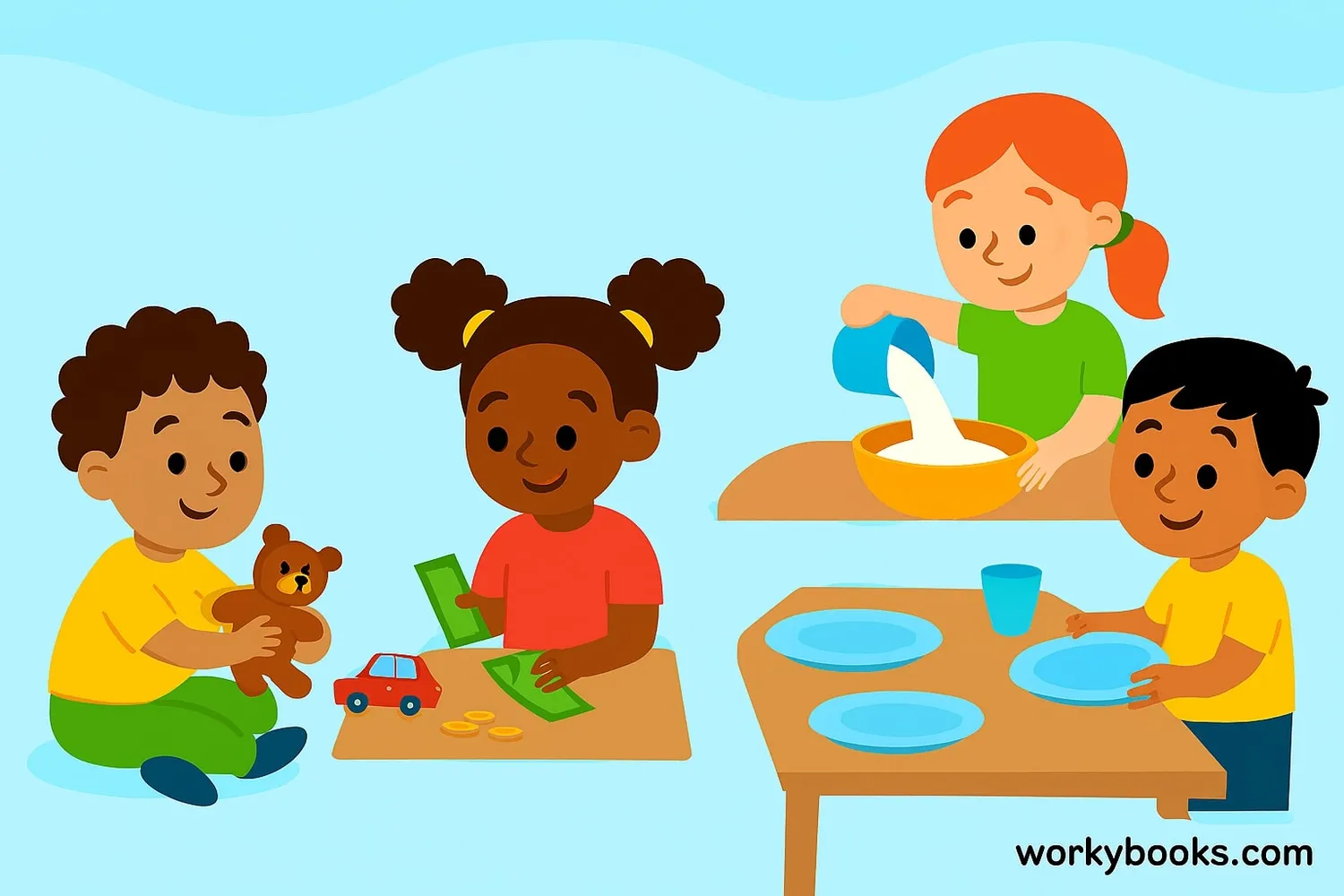 Children using math in everyday situations like shopping, cooking, and sharing