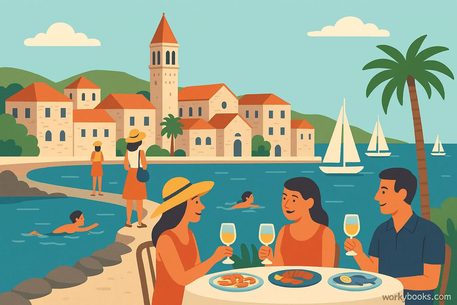 Coastal scene showing tourism activities along the Adriatic coast