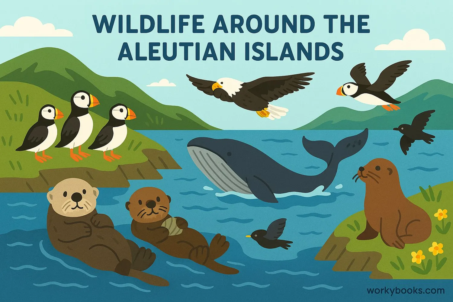 Illustration showing diverse wildlife including sea otters, puffins, whales and bald eagles around the islands