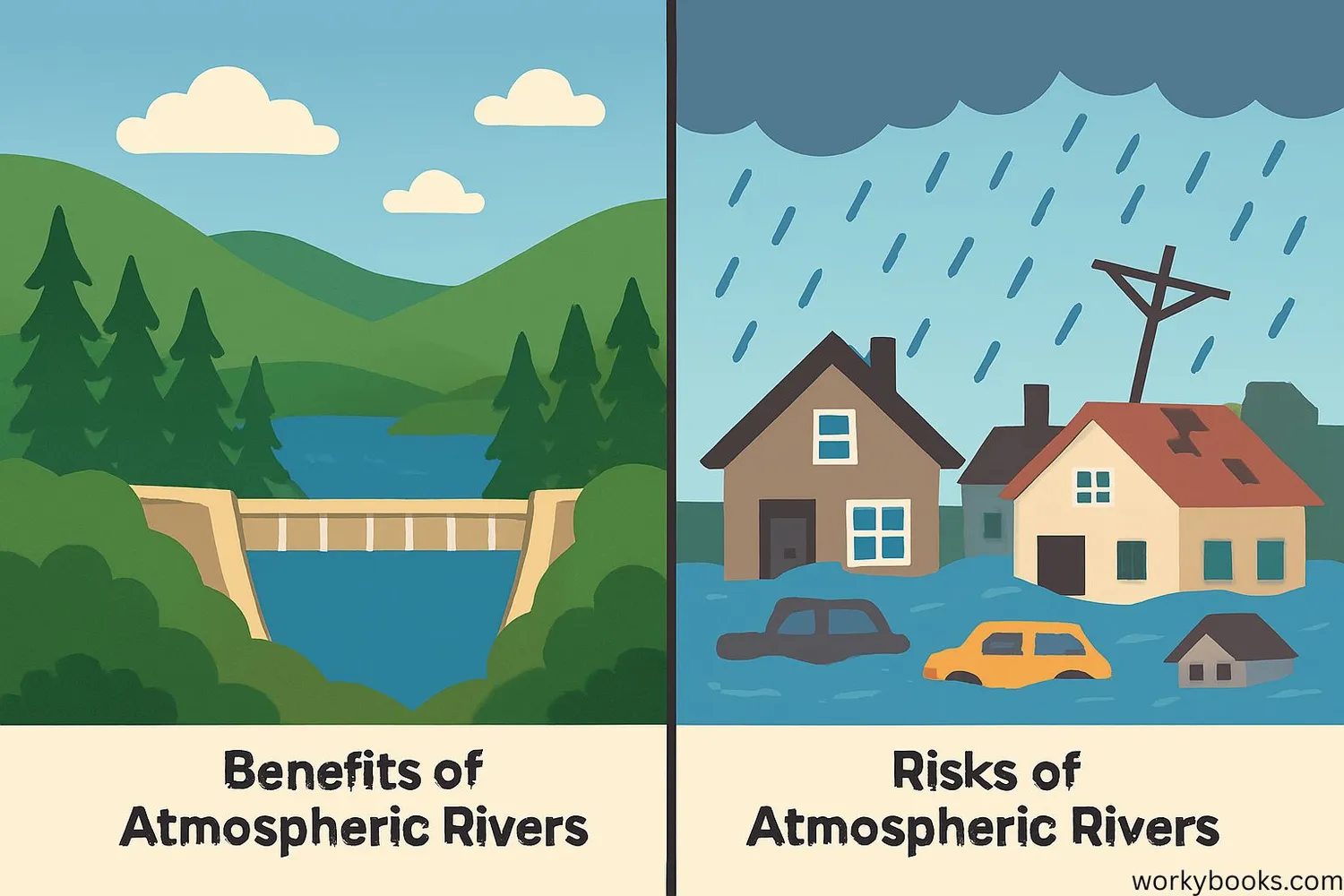 Illustration showing both benefits and risks of atmospheric rivers