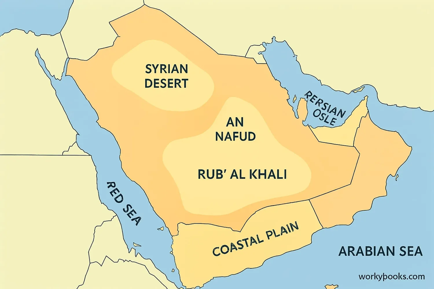 Map showing the Arabian Peninsula surrounded by water