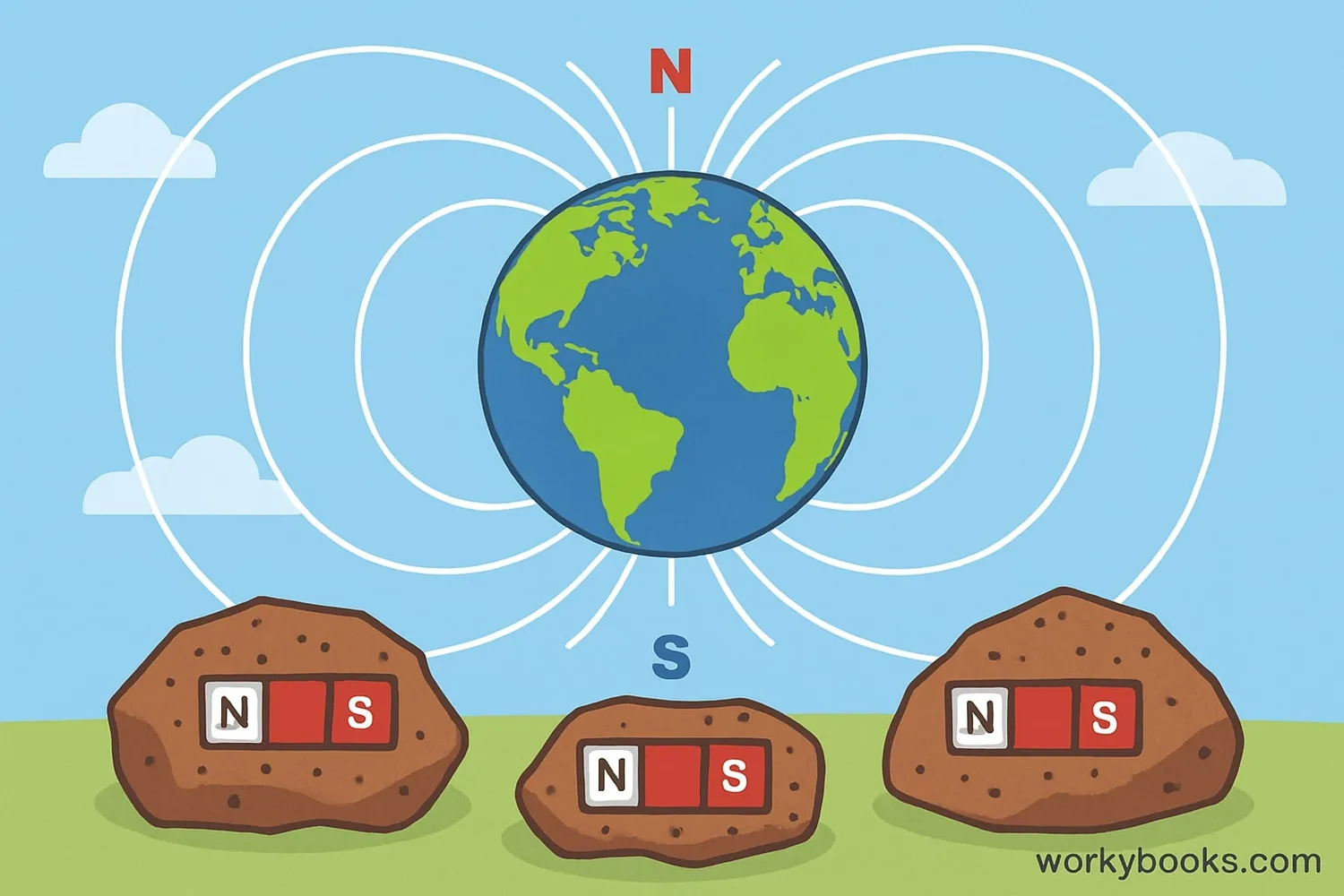 Illustration showing Earth's magnetic field and magnetic minerals in rocks